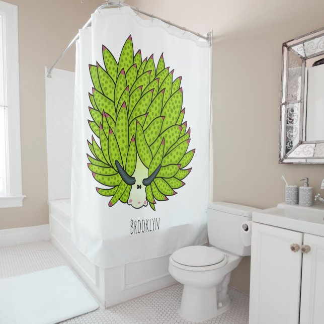 Leaf slug cartoon illustration shower curtain (In Situ)