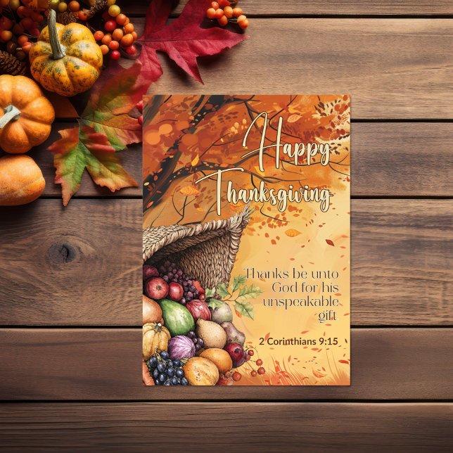 Leaf Storm 2 Corinthians 9:15 Happy Thanksgiving Card (Leaf storm harvest Bible verse Thanksgiving Card)