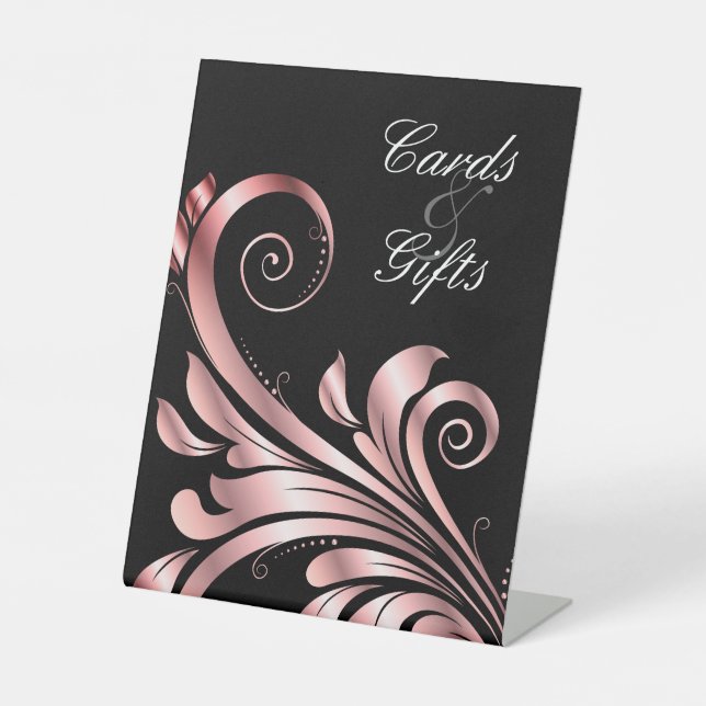 Leaf Swirl Wedding Rose Gold Black Pink Pedestal Sign (Front)
