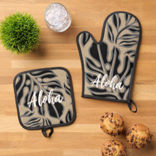  Leaf Tiki Black Hawaiian Tropical Oven Mitt & Pot Holder Set