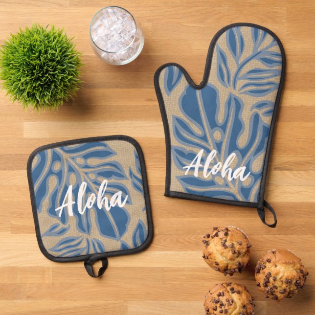  Leaf Tiki Indigo Blue Hawaiian Tropical Oven Mitt & Pot Holder Set (Top Down)