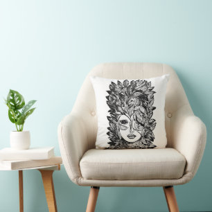 Leaf womans Face Abstract ink drawing art   Cushion