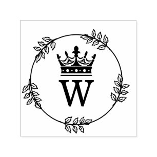 Leaf Wreath Crown Topped Single Initial Monogram Self-inking Stamp