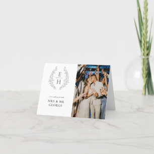 Leaf Wreath Monogram Photo Wedding Thank You Card
