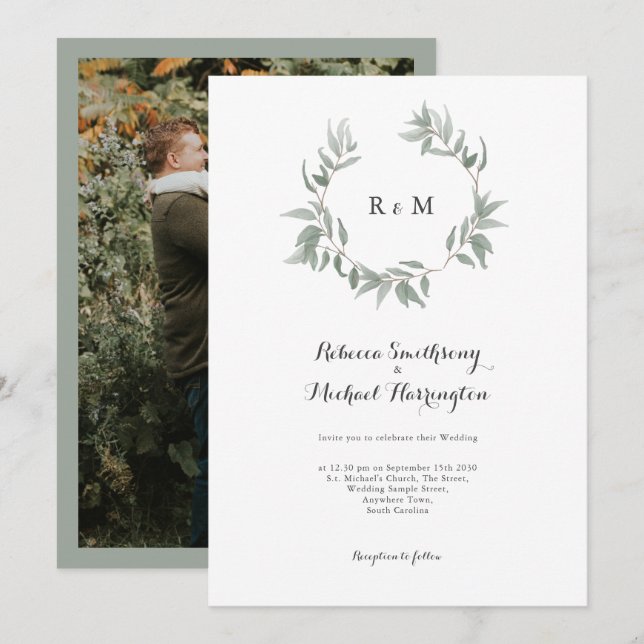 Leaf Wreath Monogram Wedding Invitation (Front/Back)