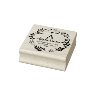 Leaf Wreath Wedding Monogram   Address Rubber Stamp