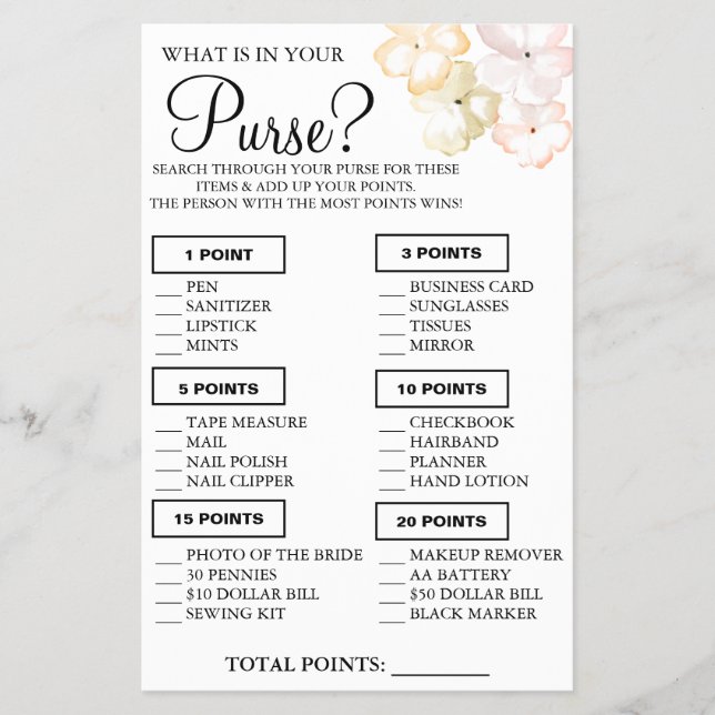 Leafs What is in your purse Shower game card (Front)