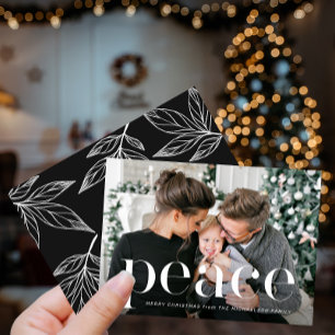 Leafy Black Print Peace Photo Christmas Holiday Invitation