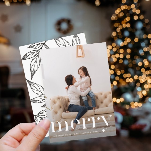 Leafy Black White Print Merry Christmas Photo Invitation (Creator Uploaded)
