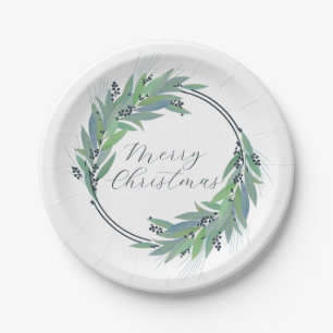 Leafy Blue wreath custom Christmas/holiday Paper Plate