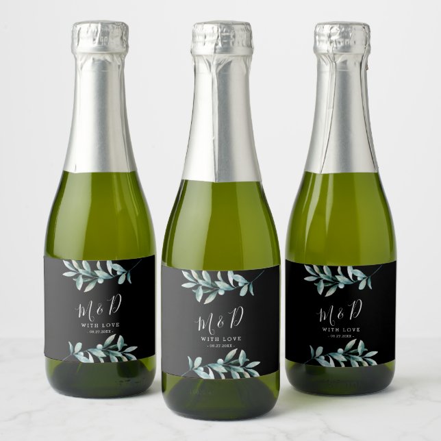Leafy Botanical Black Wedding Sparkling Wine Label (Bottles)