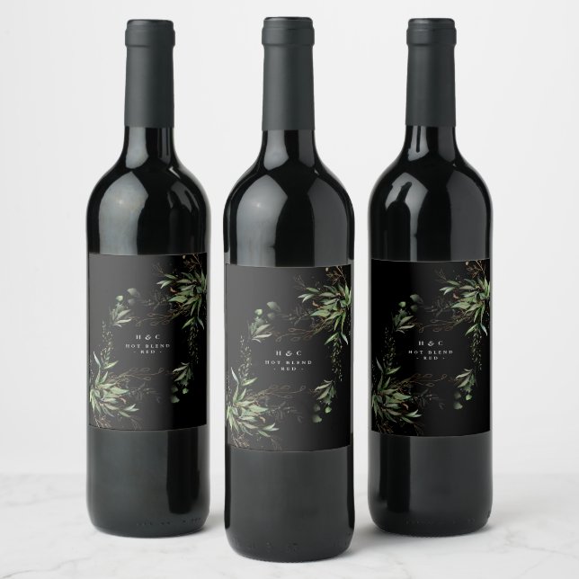 Leafy Botanical Eucalyptus Modern Black Branch Wine Label (Bottles)