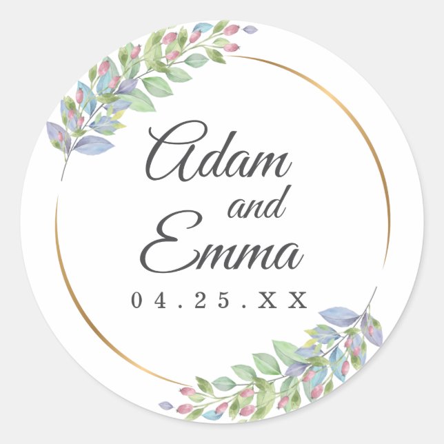 Leafy Botanical & Floral Buds Wedding Classic Round Sticker (Front)