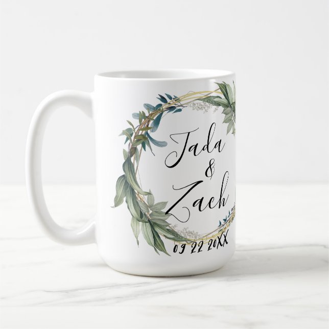  Leafy Botanical Wreath Wedding Personalised  Coffee Mug (Left)