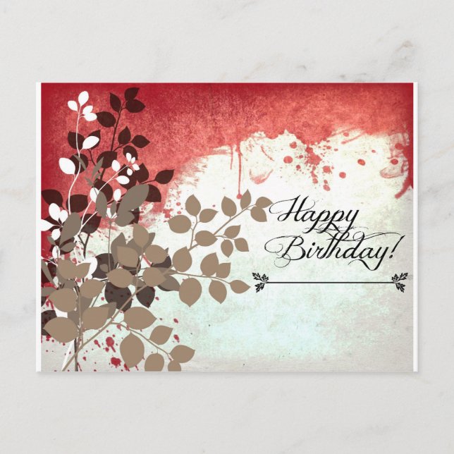 Leafy Brick Red Happy Birthday Postcard (Front)