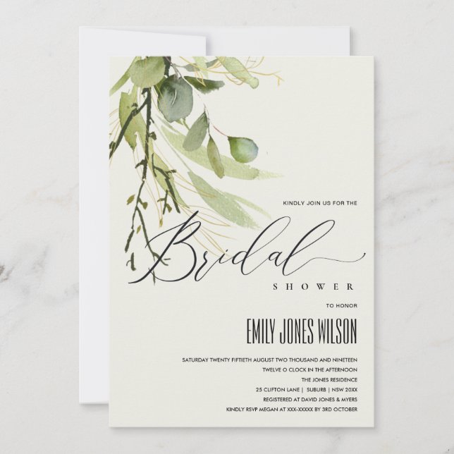 LEAFY BUNCH GREEN FOLIAGE WATERCOLOR BRIDAL SHOWER INVITATION (Front)