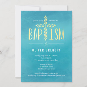 Leafy Cross Baptism Invitation - Blue