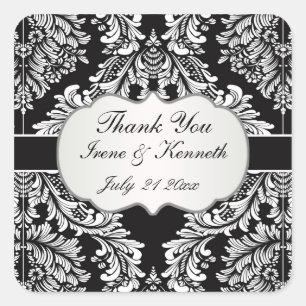 Leafy Damask white on black Wedding favour Square Sticker