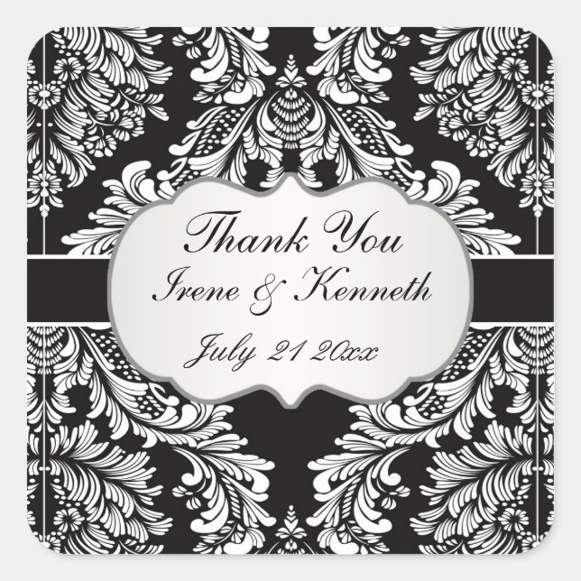 Leafy Damask white on black Wedding favour Square Sticker (Front)