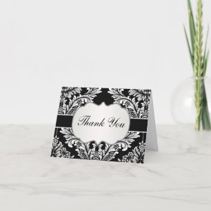 Leafy Damask white on black  Wedding Thank You Card