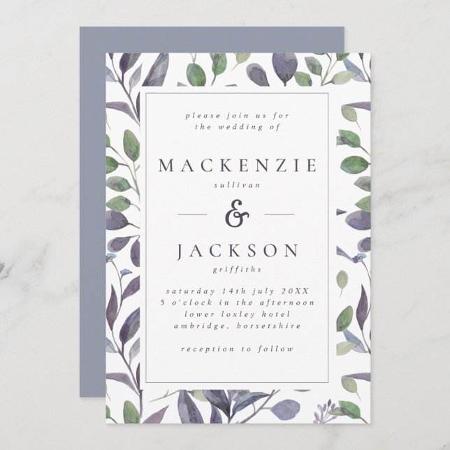 Leafy Elegance Blue & Green Watercolor Wedding Invitation (Front/Back)