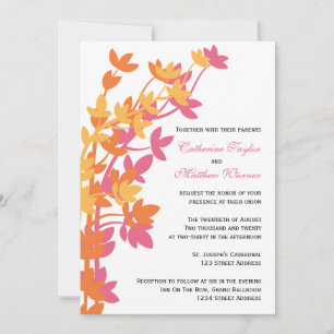 Leafy Elegance In Pink Orange Yellow Wedding Invitation