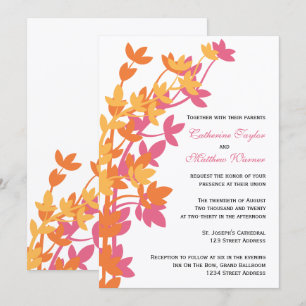 Leafy Elegance In Pink Orange Yellow Wedding Invitation