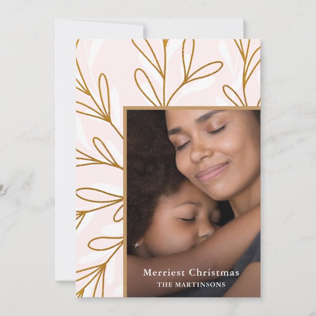 Leafy Faux Gold Frame Blush Photo Christmas Holiday Card (Front)