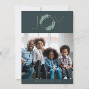 Leafy faux-Gold Joy wreath Christmas/holiday photo Card