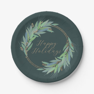 Leafy Faux-Gold wreath custom Christmas/holiday Paper Plate