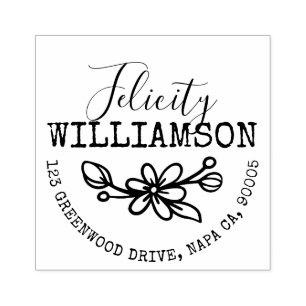 Leafy Floral Botanical Blossom Daisy Name Address Rubber Stamp