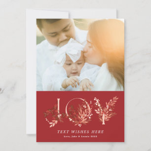 Leafy Floral Christmas Traditional Red Photo JOY Holiday Card