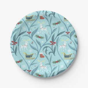 Leafy Floral Reindeer Christmas Pattern Paper Plate