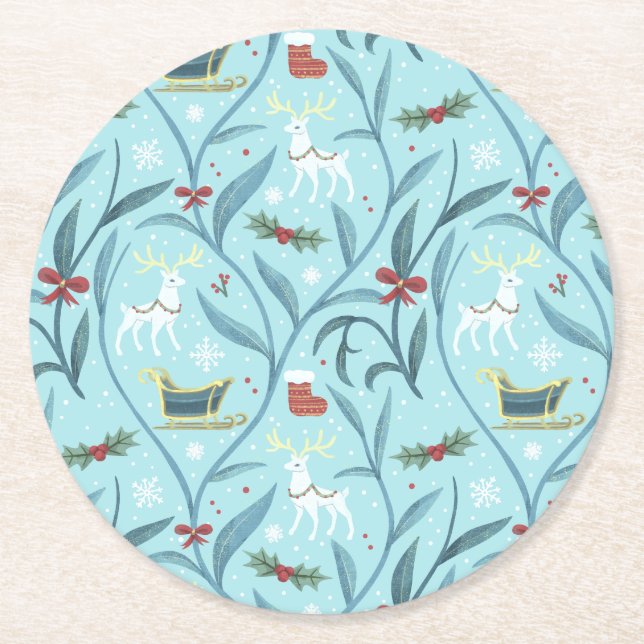 Leafy Floral Reindeer Christmas Pattern Round Paper Coaster (Front)