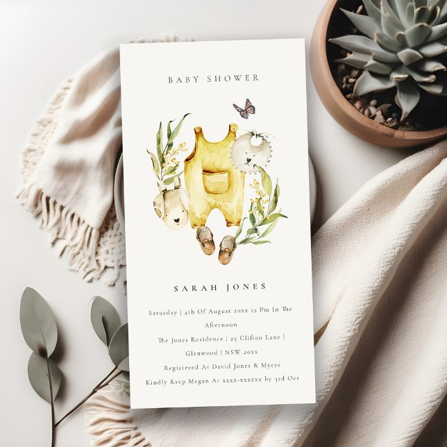 Leafy Foliage Yellow Clothes Baby Shower Invite (Creator Uploaded)
