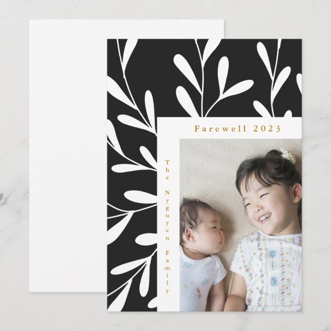 Leafy Frame Black and White Photo Farewell 2023 Holiday Card (Front/Back)