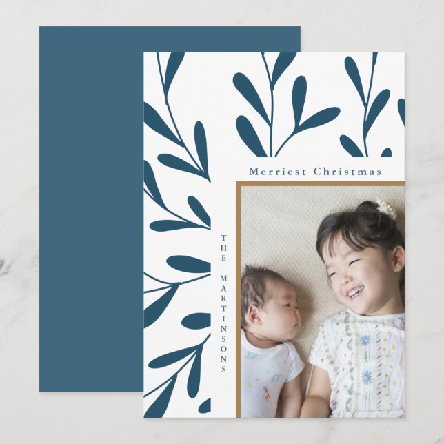 Leafy Frame Blue and White Photo Christmas Holiday Card (Front/Back)