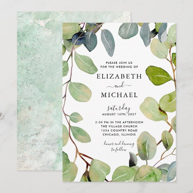 Leafy Frame Eucalyptus Greenery Wedding Invitation (Front/Back)