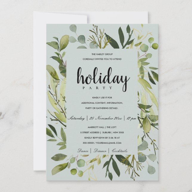 LEAFY FRAME GREEN GREY CORPORATE HOLIDAY PARTY INVITATION (Front)