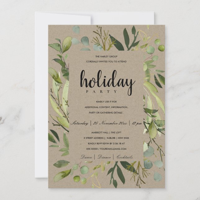 LEAFY FRAME GREEN GREY CORPORATE HOLIDAY PARTY INVITATION (Front)