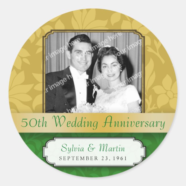 Leafy Gold Damask 50th Anniversary Classic Round Sticker (Front)