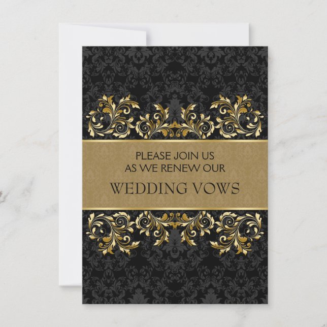 Leafy golden swirls, black damask Vow Renewal Invitation (Front)