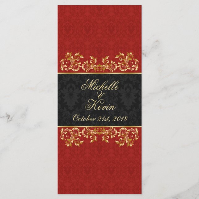 Leafy golden swirls, red black damask Menu (Front)