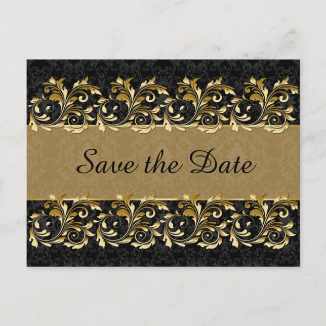 Leafy golden swirls Save the Date Announcement Postcard (Front)