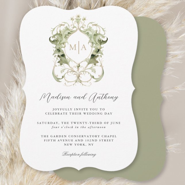 Leafy Green Botanical Wedding Crest with Monogram Invitation (Creator Uploaded)