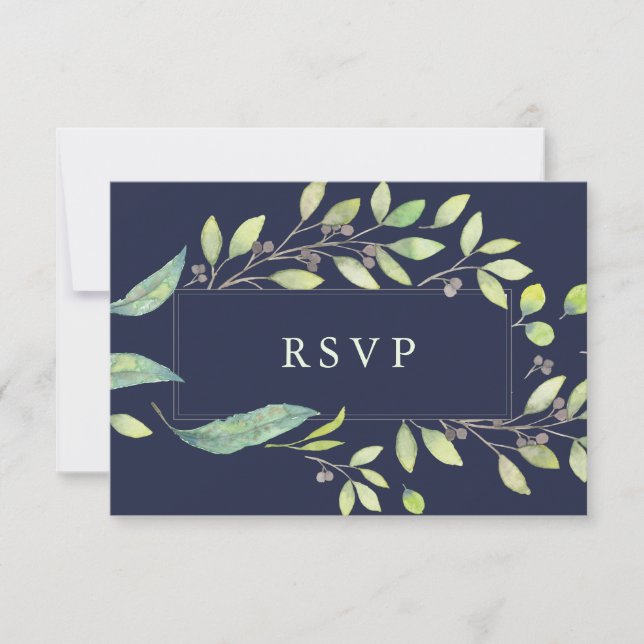 Leafy Green | Dark Blue Watercolor Wedding RSVP Card (Front)
