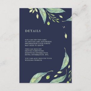 Leafy Green Dark Blue Wedding Guest Information Enclosure Card