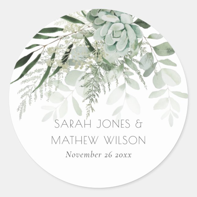 Leafy Green Fern Succulent Frame Foliage Wedding Classic Round Sticker (Front)