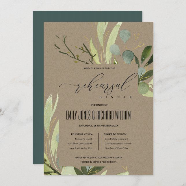 LEAFY GREEN FOLIAGE WATERCOLOR REHEARSAL DINNER INVITATION (Front/Back)