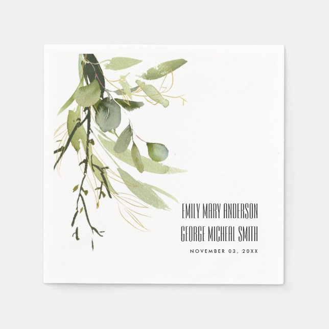 LEAFY GREEN GOLD FOLIAGE BUNCH WATERCOLOR WEDDING NAPKIN (Front)